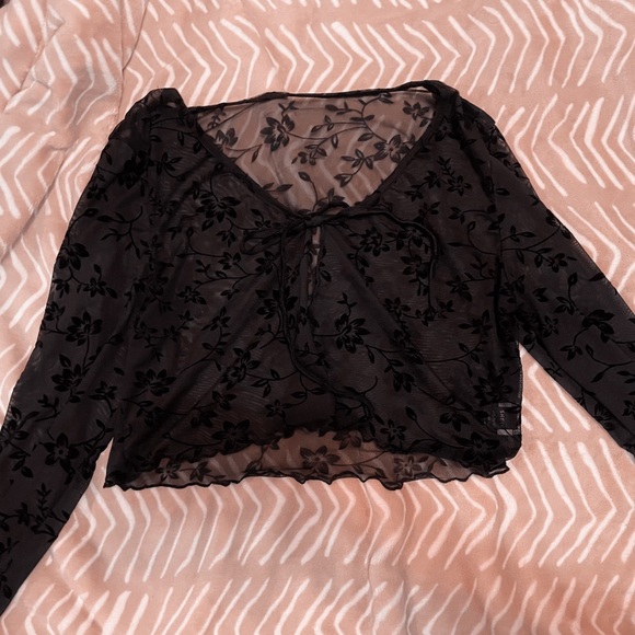 Floral Black Mesh Front Tie Cardigan - Picture 1 of 3